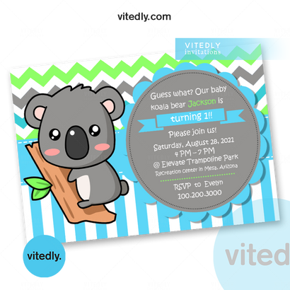 Koala Bear Birthday Invitation Card | Koala Invitation card