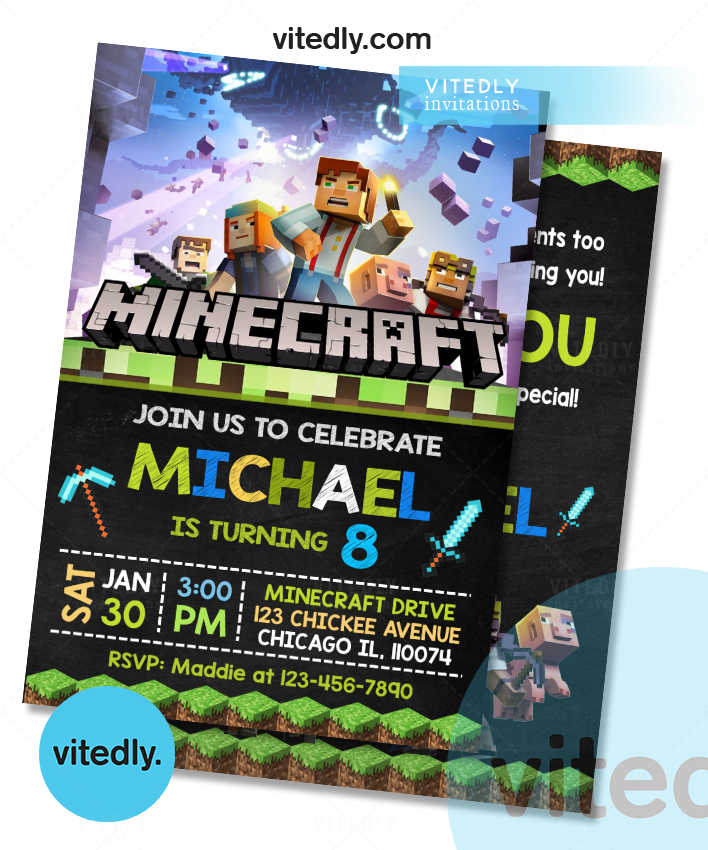 Personalised Minecraft Birthday Party Invitation with Envelopes