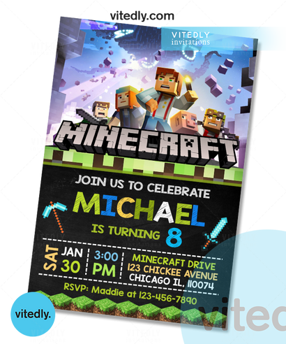 Minecraft Party Invitation, Minecraft Invite, FREE THANK YOU CARD!